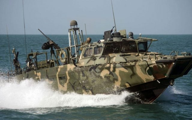 In this Oct. 26, 2015 photo provided by the US Navy, Riverine Command Boat (RCB) 802, assigned to Combined Task Group (CTG) 56.7, conducts patrol operations in the Persian Gulf. (Torrey W. Lee/US Navy via AP)