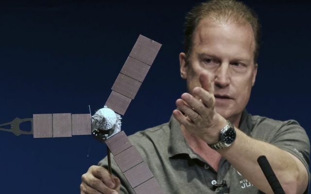 Rick Nybakken, Juno project manager, holds a model of the Juno spacecraft while talking about the solar panels and the orbit it will take around Jupiter during a briefing at the Jet Propulsion Laboratory in Pasadena, California, on Monday, July 4, 2016. (AP Photo/Richard Vogel) Rick Nybakken, Juno project manager, holds a model of the Juno spacecraft while talking about the solar panels and the orbit it will take around Jupiter during a briefing at the Jet Propulsion Laboratory in Pasadena, California, on Monday, July 4, 2016. (AP Photo/Richard Vogel)