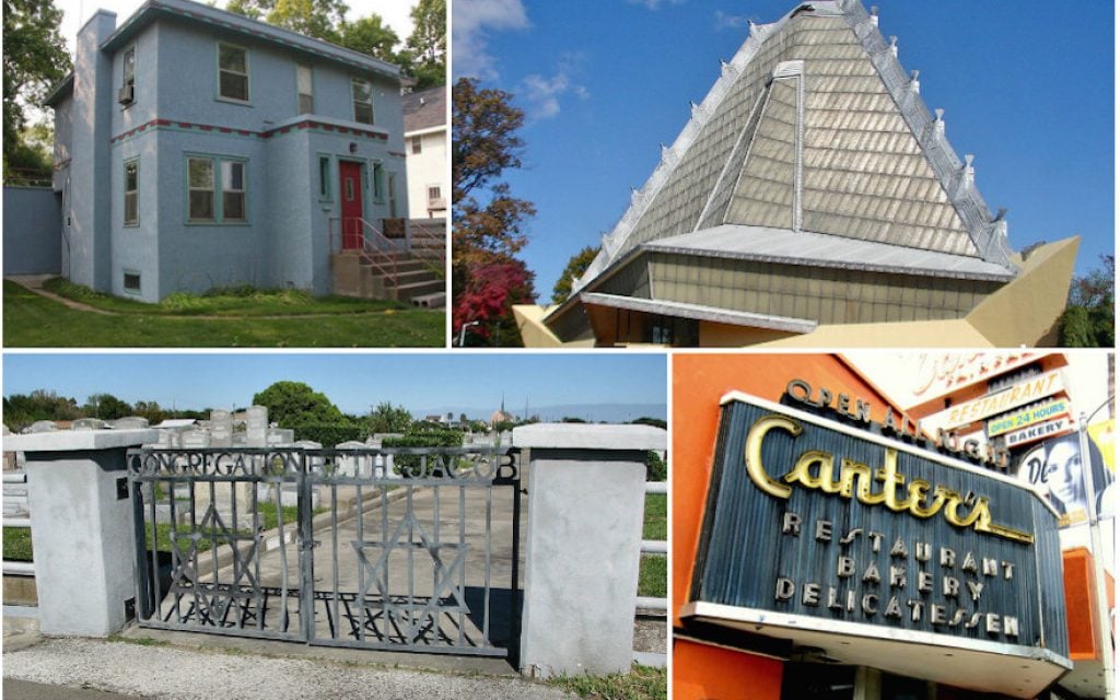Clockwise, from top left: Bob Dylan’s childhood home in Hibbing, Minnesota (Wikimedia Commons); Temple Beth Sholom in Elkins Park, Pennsylvania (Wikimedia Commons); Canter’s Deli in Los Angeles (Flickr Commons); Beth Jacob Cemetery in Galveston, Texas (Wikimedia Commons) (Images via JTA) Clockwise, from top left: Bob Dylan’s childhood home in Hibbing, Minnesota (Wikimedia Commons); Temple Beth Sholom in Elkins Park, Pennsylvania (Wikimedia Commons); Canter’s Deli in Los Angeles (Flickr Commons); Beth Jacob Cemetery in Galveston, Texas (Wikimedia Commons) (Images via JTA)