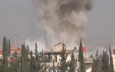 An alleged Russian airstrike at the Khan Eshieh refugee camp in southern Syria, May 2016 (screen capture: YouTube)