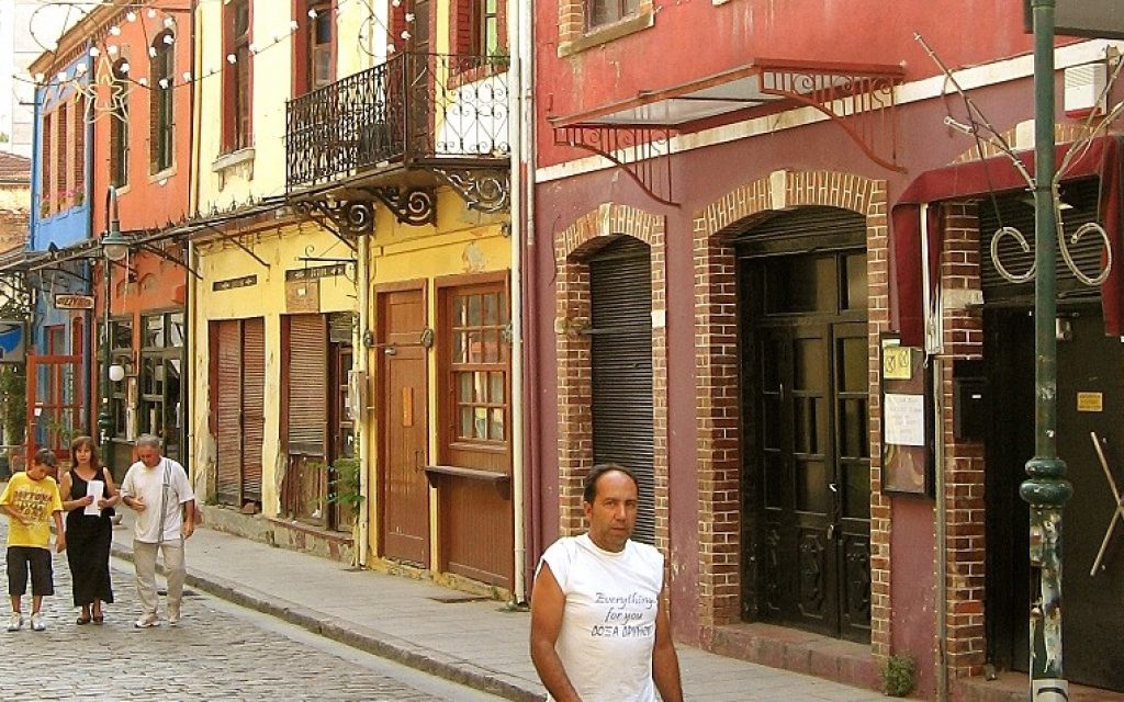 This August 22, 2006 photo shows a street in the Ladadika neighborhood, which used to be the Jewish quarter in Thessaloniki, Greece. (Wikimedia Commons) This August 22, 2006 photo shows a street in the Ladadika neighborhood, which used to be the Jewish quarter in Thessaloniki, Greece. (Wikimedia Commons)