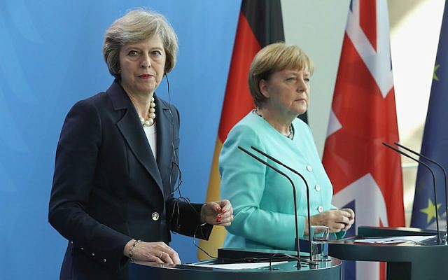 British Prime Minister Theresa May, left, and German Chancellor Angela Merkel speaking to the media following talks at the Chancellery in Berlin, July 20, 2016. (Sean Gallup/Getty Images/via JTA) British Prime Minister Theresa May, left, and German Chancellor Angela Merkel speaking to the media following talks at the Chancellery in Berlin, July 20, 2016. (Sean Gallup/Getty Images/via JTA)