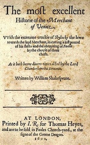Title page of the first quarto for the Merchant of Venice (1600)