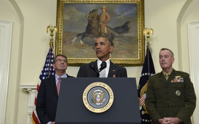 US President Barack Obama, flanked by Defense Secretary Ash Carter, left, and Joint Chiefs Chairman Gen. Joseph Dunford, makes a statement on Afghanistan from the Roosevelt Room of the White House in Washington, Wednesday, July 6, 2016. (Susan Walsh/AP Photo)