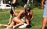 Swedish police officer Mikaela Kellner is pinning a man to the ground who is suspected to have stolen a friend's mobile phone, in Stockholm Sweden, July 27, 2016. (Jenny Kitsune Adolfsson via AP)