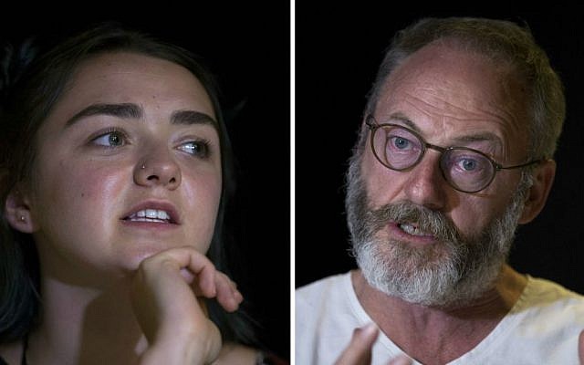 In this Friday, June 1, 2016 combo picture made up of separate images, Game of Thrones stars from left to right , Maisie Williams and Liam Cunningham, take questions during an interview with the Associated Press in Athens. (AP Photo/Petros Giannakouris, File)