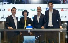 From right to left: Avi Cohen, Gil Devora, Hedva Ber and Moises Cohen at the launch of The Floor in Tel Aviv (Courtesy)