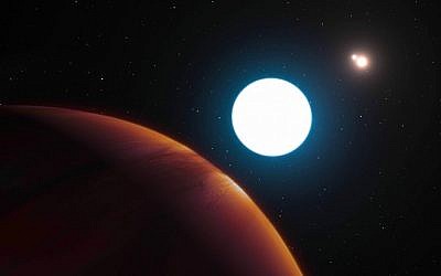 This image provided by the European Southern Observatory shows an artist's impression of the triple star system HD 131399 from close to the gas giant planet orbiting in the system. (L. Calçada/ESO via AP)