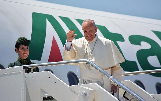 Pope Francis leaves for Poland with an Alitalia flight from the Fiumicino Airport in Rome, Wednesday, July 27, 2016. (Telenews/ANSA via AP Photo)