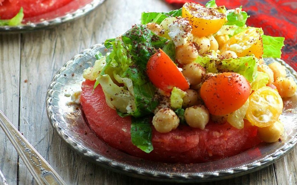 Watermelon Steak Topped with Chickpea and Feta Salad Recipe (Vicki Cohen and Ruth Fox/via JTA)