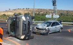 An IDF jeep and Palestinian vehicle after a possible car-ramming attack outside the Neve Daniel settlement in the West Bank on July 6, 2016. (Israel Police)