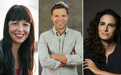 From left: Jennifer Keishin Armstrong, Jonah Lehrer, Jessi Klein (Jesse Jiryu Davis/Leah Lehrer/Robyn Von Swank/via JTA)