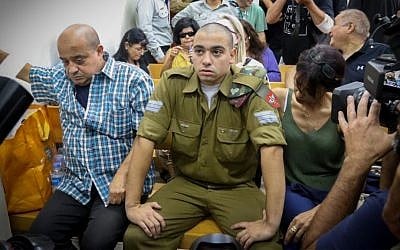 Elor Azaria, an Israeli soldier who killed a wounded Palestinian stabber, seen during a court hearing at a military court in Jaffa, July 26, 2016. (Flash90)