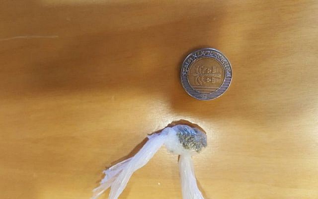 A small amount of marijuana, next to a NIS 10 coin, found in a Knesset bathroom cubicle on July 20, 2016. (Knesset)