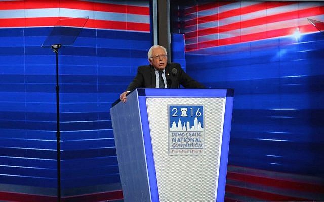 Bernie Sanders speaks at the 2016 Democratic National Convention (Eric Cortellessa/Times of Israel)