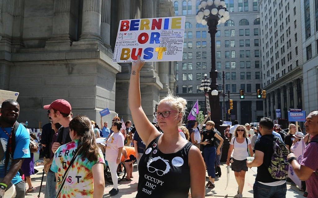 A Bernie Sanders supporter at a protest outside the Democratic National Convention in Philadelphia on July 25, 2016. (Eric Cortellessa/Times of Israel)