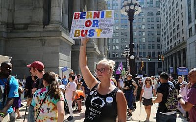 A Bernie Sanders supporter at a protest outside the Democratic National Convention in Philadelphia on July 25, 2016. (Eric Cortellessa/Times of Israel)