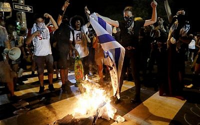Demonstrators burn a flag during a protest on the second day of the Democratic National Convention in Philadelphia on July 26, 2016. (AP Photo/John Minchillo)