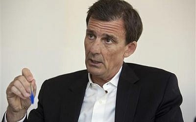In this photo taken Wednesday, July 13, 2016, Dave Harden, outgoing Director for the US Agency for International Development mission in the West Bank and Gaza Strip, speaks during an interview in Jerusalem. (AP Photo/Sebastian Scheiner)