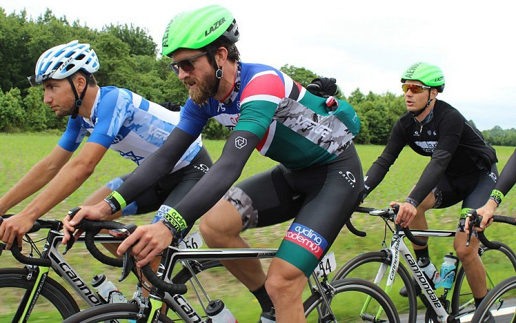 Dan Craven, foreground, riding on a training run in Delaware with Cycling Academy teammates, May 2016. (Hillel Kuttler/via JTA) Dan Craven, foreground, riding on a training run in Delaware with Cycling Academy teammates, May 2016. (Hillel Kuttler/via JTA)