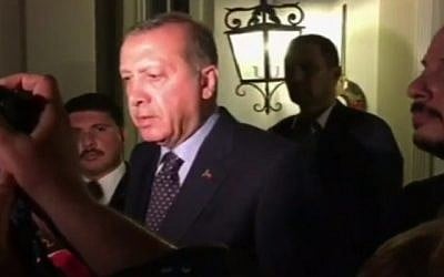 Turkish President Recep Tayyip Erdogan speaks to the media Saturday, July 16, 2016 in Istanbul, after a military coup against his government failed. (screen capture: YouTube)