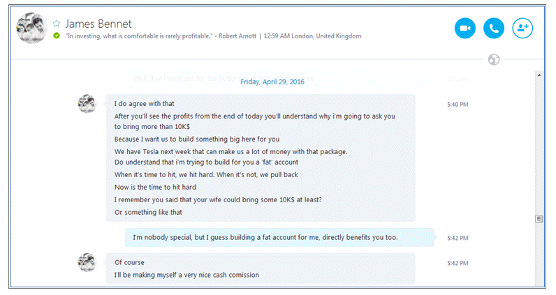 Excerpt of a Skype conversation between "James C. Bennet" and Wenxuan Su (Courtesy)