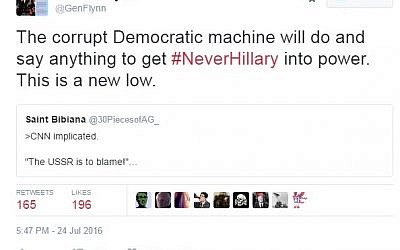 A screen capture of deleted tweet by former US Army Lt. Gen. Michael Flynn, who reposted a tweet accusing Jews of leaking DNC emails. 