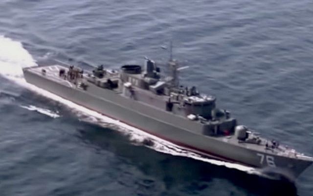 An Iranian navy vessel during a drill in the Strait of Hormuz (YouTube screenshot)