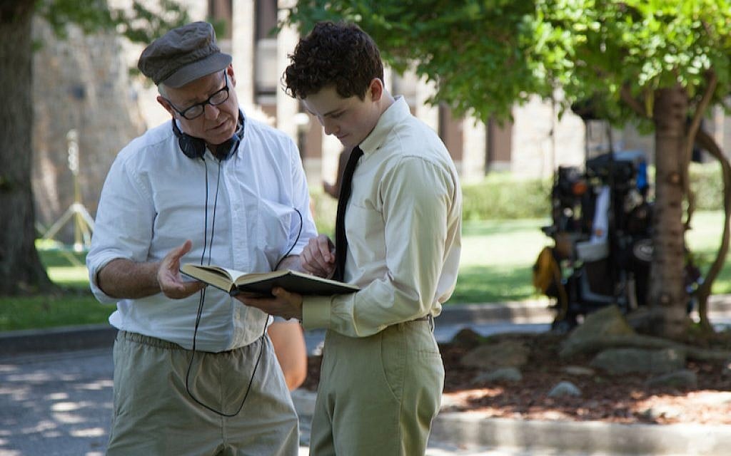 James Schamus, left, and Logan Lerman on the set of 'Indignation.' (Alison Cohen Rosa/via JTA)