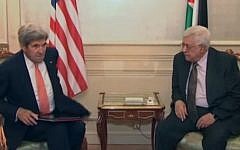 US Secretary of State John Kerry and PA President Mahmoud Abbas meet in Paris on July 30, 2016. (Screenshot/Euronews)