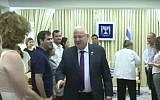 President Reuven Rivlin and his wife meet with members of Shira Banki's family and leaders of the Jerusalem LGBT community on July 17, 2016. (screen capture: YouTube)