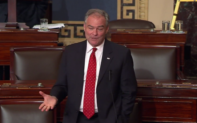 Sen. Tim Kaine, D-Virginia, speaking about Liviu Librescu, a Holocaust survivor and victim of the 2007 Virginia Tech shooting, during a Democratic filibuster in the US Senate, June 15, 2016. (YouTube screenshot via JTA) Sen. Tim Kaine, D-Virginia, speaking about Liviu Librescu, a Holocaust survivor and victim of the 2007 Virginia Tech shooting, during a Democratic filibuster in the US Senate, June 15, 2016. (YouTube screenshot via JTA)