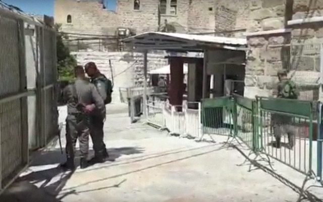 The site of a foiled attack on Border Police troops at the Tomb of the Patriarchs in Hebron on July 1, 2016. Security forces shot dead the would-be attacker, a relative of a terrorist who a day earlier killed a 13-year-old Israeli girl in Kiryat Arba (screen capture: YouTube) The site of a foiled attack on Border Police troops at the Tomb of the Patriarchs in Hebron on July 1, 2016. Security forces shot dead the would-be attacker, a relative of a terrorist who a day earlier killed a 13-year-old Israeli girl in Kiryat Arba (screen capture: YouTube)