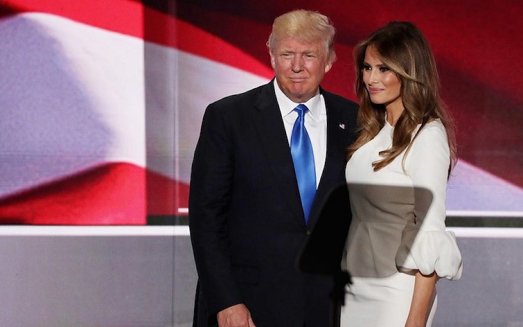 Donald Trump posing with his wife, Melania, after she delivered a speech on the first day of the Republican National Convention, July 18, 2016. (Alex Wong/Getty Images, via JTA) Donald Trump posing with his wife, Melania, after she delivered a speech on the first day of the Republican National Convention, July 18, 2016. (Alex Wong/Getty Images, via JTA)