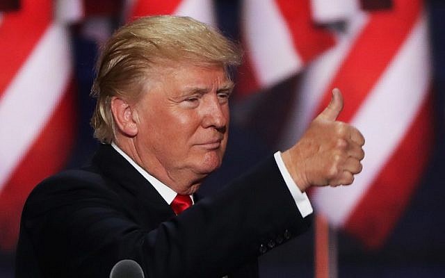 Donald Trump speaking during the evening session on the fourth day of the Republican National Convention, July 21, 2016. (Alex Wong/Getty Images, via JTA)
