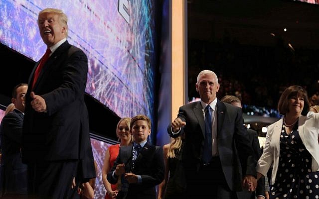 Donald Trump and Mike Pence at the Republican National Convention on July 21, 2016 (Eric Cortellessa / Times of Israel)