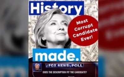A revised attack ad on Hillary Clinton tweeted by Donald Trump on July 2, 2016 that replaced the Star of David with a circle. (screen capture:YouTube)