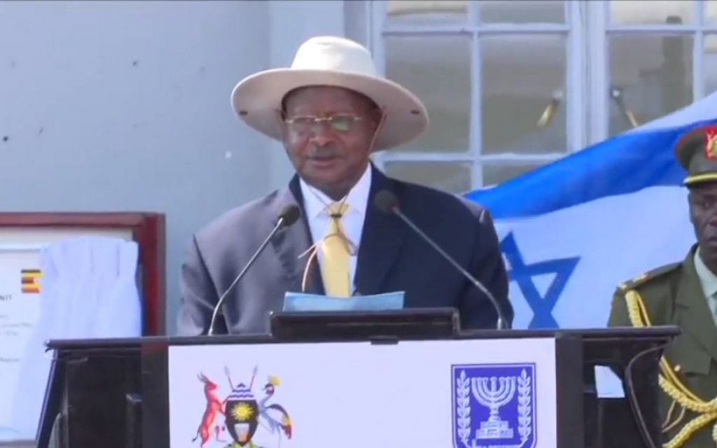 Ugandan President Yoweri Museveni addresses a ceremony marking 40 years since the Entebbe raid (screen capture: YouTube)