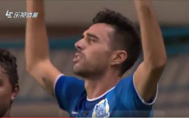 Israeli soccer star Eran Zahavi celebrates his first goal in his debut match in China, July 2, 2016. (screen capture: YouTube) Israeli soccer star Eran Zahavi celebrates his first goal in his debut match in China, July 2, 2016. (screen capture: YouTube)