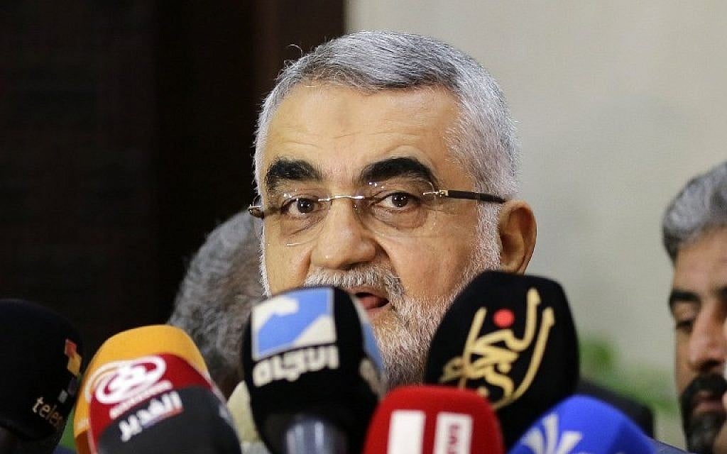 Alaeddin Boroujerdi, the chairman of Iran's Foreign Policy and the National Security Committee, speaks to the press after a meeting with the Syrian parliament speaker in Damascus, on August 3, 2016. (AFP PHOTO/LOUAI BESHARA)