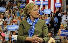 US Democratic presidential nominee Hillary Clinton being introduced prior to her speech at Adams City High School in Commerce City, Colorado, on August 3, 2016. (AFP/Jason Connolly)