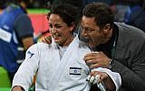 Yarden Gerbi celebrates after winning third place in the women's under-63kg judo contest at the Olympic Games in Rio de Janeiro, Brazil, on August 9, 2016. (AFP/Toshifumi Kitamura)