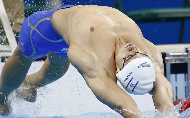 Yakov Toumarkin competes in a Men's 200m backstroke heat at the 2016 Olympic Games in Rio de Janeiro on August 10, 2016. (AFP/Odd Andersen) Yakov Toumarkin competes in a Men's 200m backstroke heat at the 2016 Olympic Games in Rio de Janeiro on August 10, 2016. (AFP/Odd Andersen)