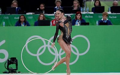 Israel's Neta Rivkin competes in the individual all-around qualifying event of the Rhythmic Gymnastics at the Olympic Arena during the Rio 2016 Olympic Games in Rio de Janeiro on August 19, 2016. (AFP PHOTO / Thomas COEX)
