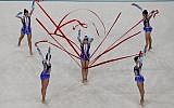 Israel competes in the group all-around qualifying event for rhythmic gymnastics at the Olympic Arena during the Rio 2016 Olympic Games in Rio de Janeiro on August 20, 2016. (AFP/Thomas Coex)