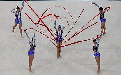 Israel competes in the group all-around qualifying event for rhythmic gymnastics at the Olympic Arena during the Rio 2016 Olympic Games in Rio de Janeiro on August 20, 2016. (AFP/Thomas Coex)