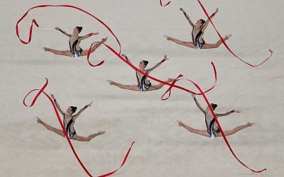 Israel's team competes in the group all-around final event of the Rhythmic Gymnastics at the Olympic Arena during the Rio 2016 Olympic Games in Rio de Janeiro on August 21, 2016. (AFP PHOTO / Thomas COEX)