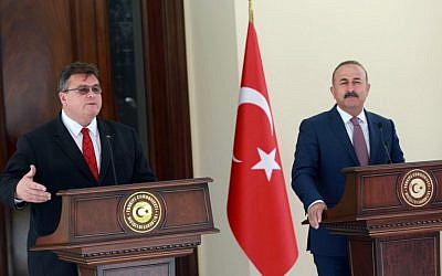 Turkish Foreign Minister Mevlut Cavusoglu (R) and Lithuanian Minister of Foreign Affairs, Linas Linkevicius (L) give a joint press conference following their meeting at the Foreign Ministry Residence in Ankara, on August 22, 2016. (AFP PHOTO/ADEM ALTAN)
