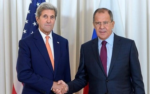 File: US Secretary of State John Kerry, left, shakes hands with Russian Foreign Minister Sergey Lavrov, on August 26, 2016, as they meet in Geneva for an expected push towards resuming peace talks for war-ravaged Syria. (AFP Photo/Pool/Martial Trezzini) File: US Secretary of State John Kerry, left, shakes hands with Russian Foreign Minister Sergey Lavrov, on August 26, 2016, as they meet in Geneva for an expected push towards resuming peace talks for war-ravaged Syria. (AFP Photo/Pool/Martial Trezzini)