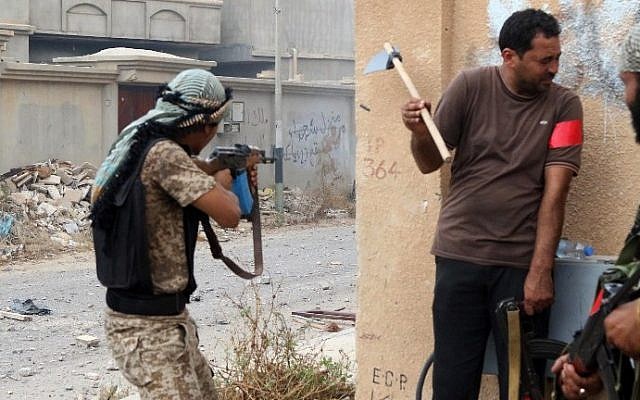 A member of the forces loyal to Libya's UN-backed Government of National Accord (GNA) fires his rifle as others protect themselves behind a wall on August 28, 2016, in the coastal city of Sirte, east of the capital Tripoli, during their military operation to clear the Islamic State group's (IS) jihadists from the city. (AFP PHOTO / MAHMUD TURKIA)